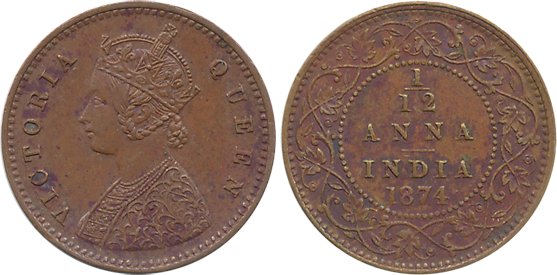 Victoria Queen, Copper 1/12 Anna, 1874. Extremely fine, very rare.