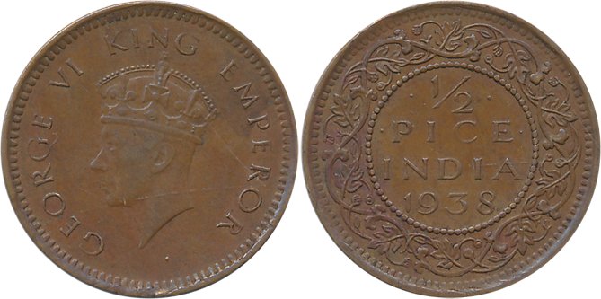 George VI, Bronze, 1/2 Pice, 1938, Calcutta Mint. Extremely fine, rare.