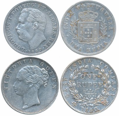 Silver Rupees (2), Victoria Queen, 1840, Continuous Legend, S incused & Indo-Portuguese, L
