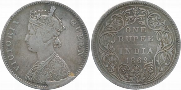 Victoria Queen, Silver Rupee, 1862, Error, Die Break with Extra Metal or Cud error. Very f