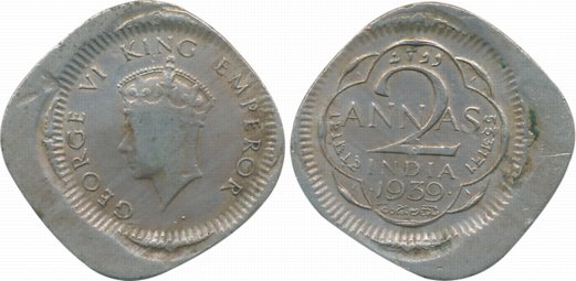 George VI, Copper Nickle, 2 Annas, 1939, Error- off centre error. Very fine, scarce.