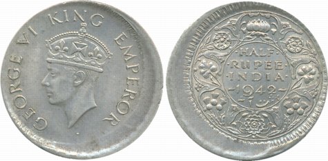 George VI, Silver 1/2 Rupee, 1942, Error- off centre error. Very fine, scarce.