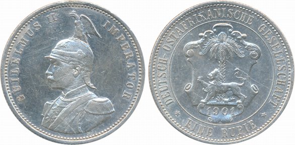 German East Africa, Wihelm II, Silver Rupie, 1901, Obv: Armored bust to left, Rev: Shielde