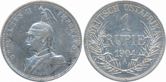 German East Africa, Wihelm II, Silver Rupie, 1904A, Obv: Armored bust to left, Rev: Shield