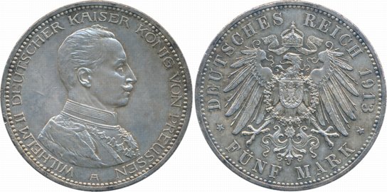 Germany, Wilhelm, Silver 5 Mark, 27.78g, 1913A, Obv: Uniformed bust to right, Rev: Crowned