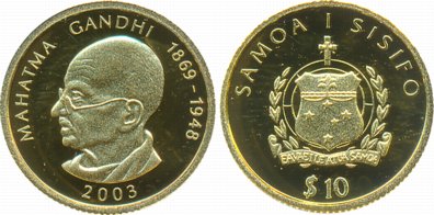 Samoa, Gold (.999), 10 Dollar- Proof, 1.25g, “Mahatma Gandhi”, Obv: Bust of Mahatma Gandhi