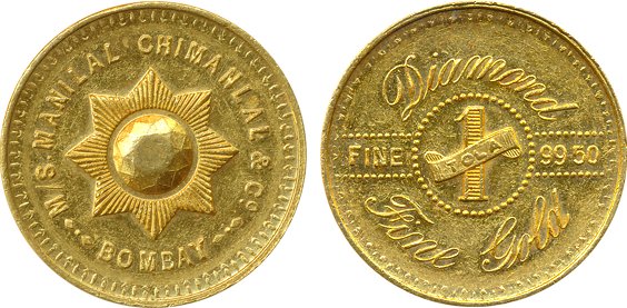 1 Tola Token, Gold 99.50 Fine, 11.65g, Manilal Chimanlal & Co. Bombay, Diamond type, plain