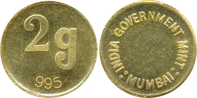 Gold Control Token, 2.00g, Issued by Government Mint, Mumbai. Very fine+, rare.