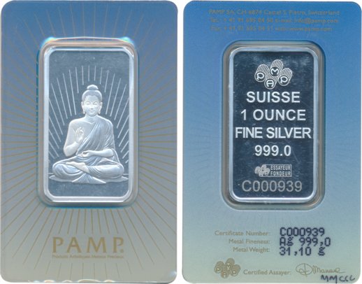 Silver Ingot, 1 Ounce, “Buddha”, Issued by the Swiss firm PAMP, Obv: Buddha and the name o