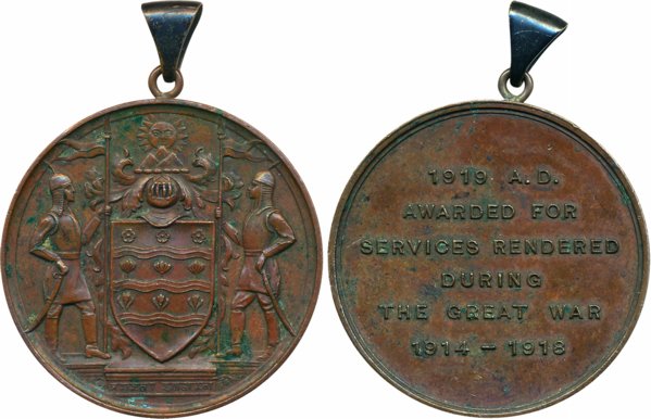 Jammu and Kashmir War Medal, Copper, 1914-1918, Obv: Coat of arms of the state with two so