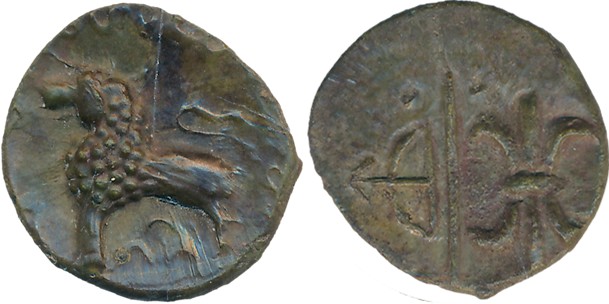Western Kshatrapas, Nahapana, Lead, 2.89g, “Junnar Lion” type, Obv: Lion to left, three ar