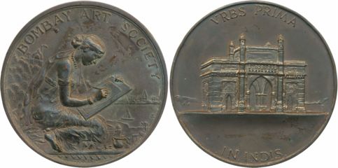 Bombay Art Society Medal, Copper, struck at Mumbai mint, Obv: Woman seating in sari, sketc