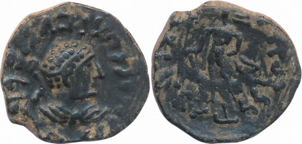 Kushans, Kujula Kadphises, Copper, 7.44g, Obv: Portrait copied from Indo-Greek king Hermai