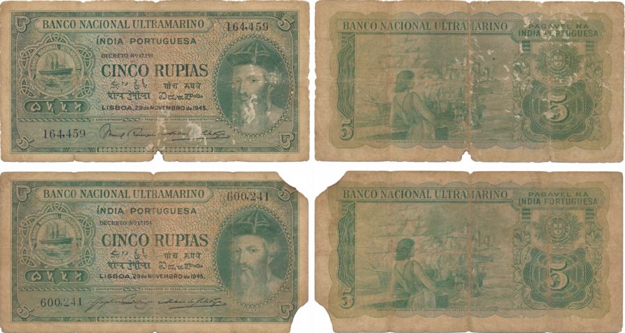 Indo Portuguese, 5 Rupias (2), 6th Issue, Type 29, Signed P-2, A-9 & P-2, A-10 (Signature 