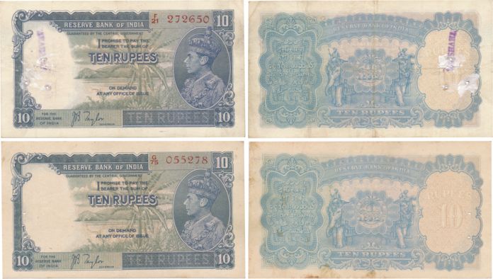George VI, Rupees 10 (2), Type 5, Signed J. B. Taylor, Prefix F/21 & G/75 (Jhun# 5.1). Abo