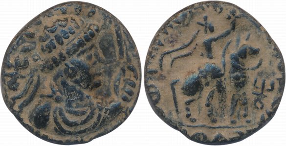 Soter Megas, Copper, 8.47g, Obv: Diademed bust of king to right holding arrow, Rev: King r