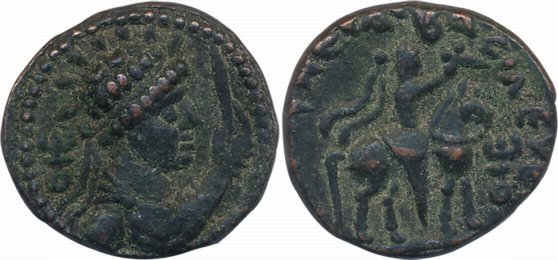 Soter Megas, Copper, 8.68g, Obv: Radiate bust of king to right holding arrow, Rev: King ri