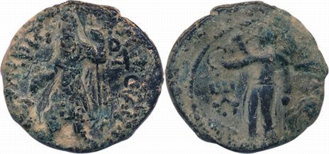 Kushanas, Kanishka, Copper 1/4 Drachma, 4.15g, Obv: King standing facing to left beside fi