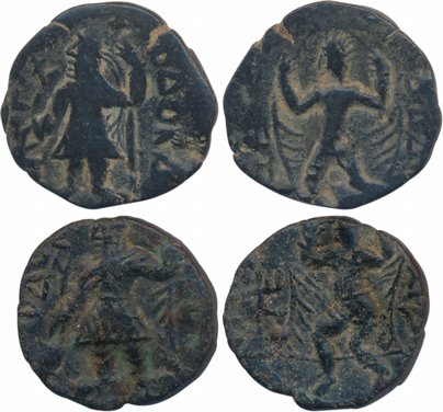 Kushanas, Kanishka, Copper 1/4 Drachma (2), 4.11g, 3.58g, Obv: King standing facing to lef