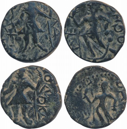 Kushanas, Kanishka, Copper 1/4 Drachma (2), 3.92g, 3.67g, Obv: King standing facing to lef