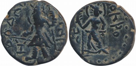 Kushanas, Kanishka, Copper 1/4 Drachma, 4.59g, Obv: King standing facing to left beside fi