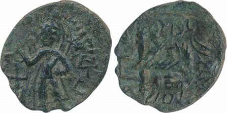 Kushanas, Huvishka- Posthumous, Copper, 1.23g, Obv: king reclining on a couch with one leg