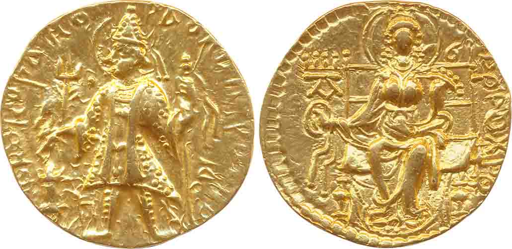 Kushanas, Vasishka, Gold Dinar, 7.87g, Obv: Nimbate king wearing tunic and pointed headgea