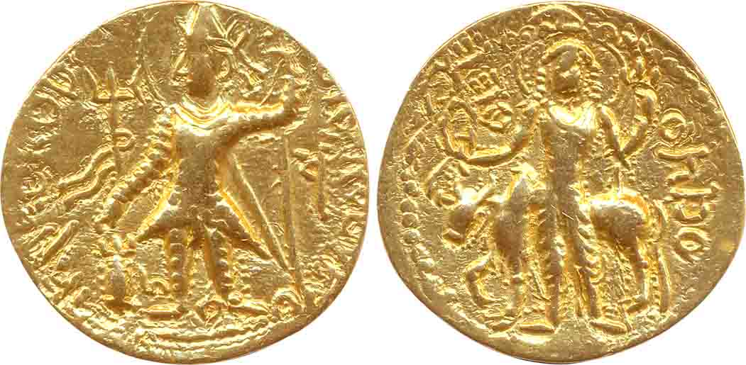 Kushanas, Vasishka, Gold Dinar, 7.80g, Obv: Nimbate king wearing tunic and pointed headgea