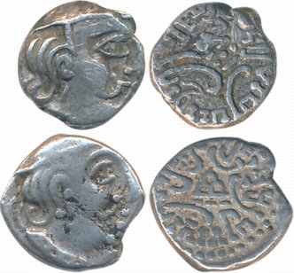 Traikutakas, Dahrasena son of Indradatta, Silver Drachma (2), 1.83g, 1.72g, Obv: Bust to r