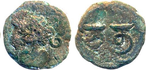 Gupta, Chandragupta II, Copper, 1.38g, Obv: Purna Kumbha (Kalasha), Rev: Brahmi legend Cha