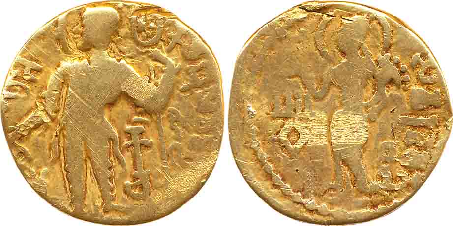 Gupta, Kachgupta, Gold Dinar, 6.96g, Obv: king standing to left, holding a wheel-headed st