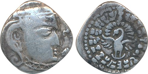 Vishnukudin, Silver, 3.07g, Obv: Lion walking to right, Rev: Conch flanked with lamp-posts