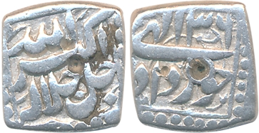 Akbar, Silver Square 1/4 Rupee, 2.79g, “Jalalahu” type, Ilahi Month Khurdad, Year 36 (KM# 
