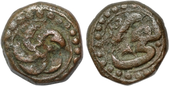 Akbar, Copper, Ruba’i or 1/4 Dam, 4.78g, Obv: Swastika within dotted circle, Rev: Persian 