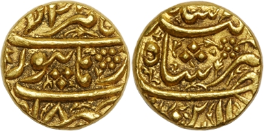 Jahangir, Gold Mohur, 10.95g, “Burhanpur Mint, RY 18, Ilahi Month Tir, Obv: Persian legend