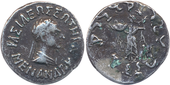 Indo Greek, Menander I, Silver Drachm, 1.98g, Obv: Diademed and draped bust of the ruler t