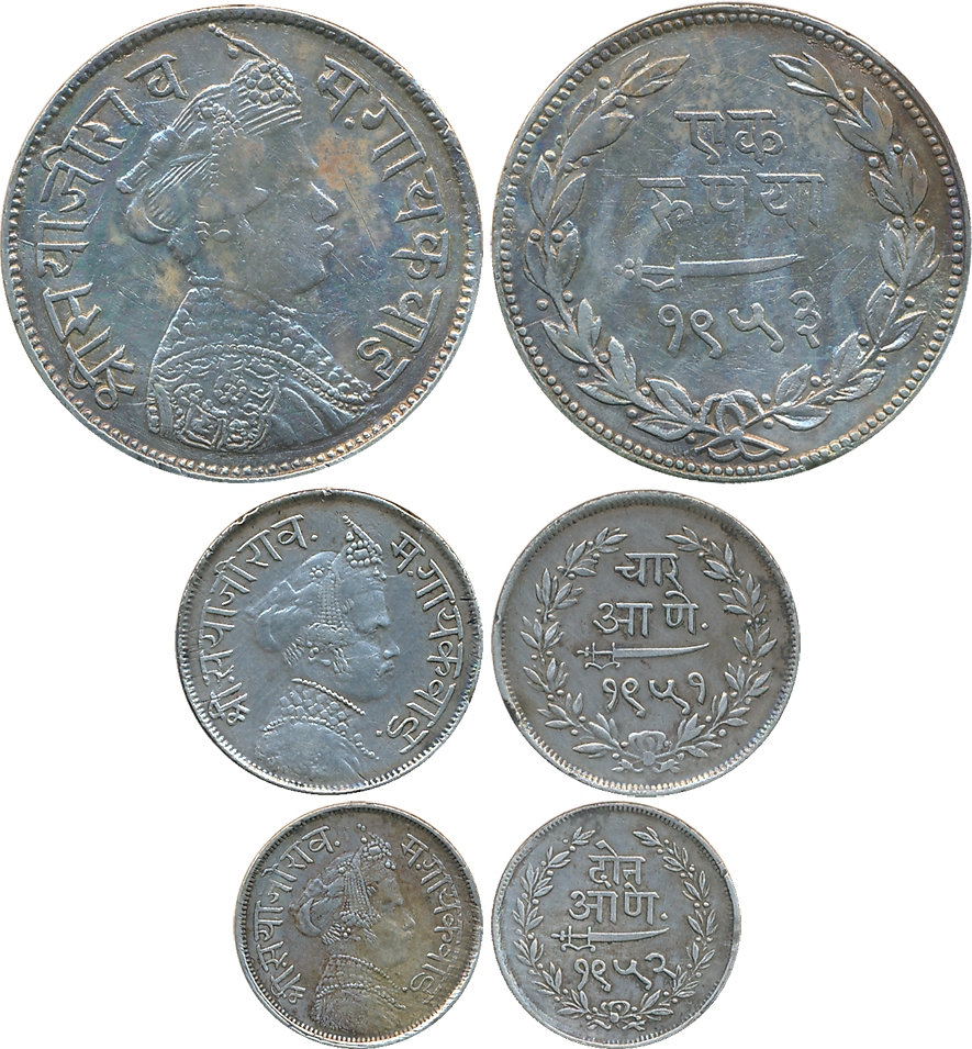 Sayaji Rao III, Silver (3), Rupee, 1953, 4 Anna, 1951 & 2 Anna, 1952 (KM# Y# 36a, 34a, 33a