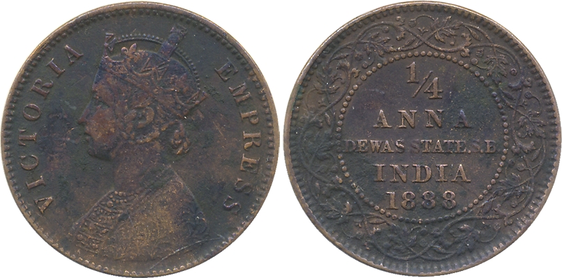 Narayan Rao, Copper 1/4 Anna, 1888, Obv: Crowned bust of Victoria Empress to left, Rev: Va