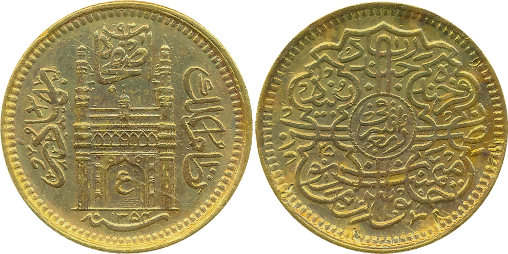 Mir Usman Ali Khan, Gold 1/4 Ashrafi, 2.81g, Farkhanda Bunyad Mint, AH 1354/ RY 25, Obv: C