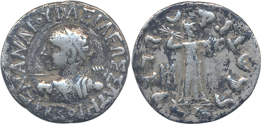 Indo Greek, Menander I, Silver Drachma, 2.35g, Obv: Diademed bust of king hurling javelin 