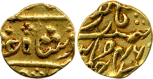 Mumbai, Gold 1/15 Mohur- Rupee, 0.73g, in the name of Shah Alam II, RY 46. Very fine+, rar