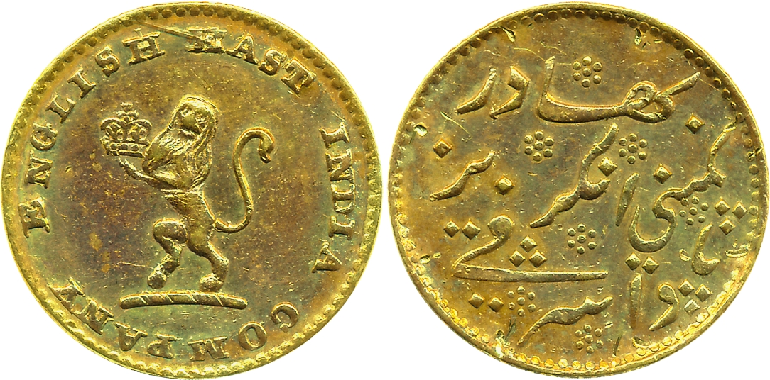 Gold 1/4 Mohur, 2.91g, Madras Mint, Obv: Company arms without supporters with legend “BRIT