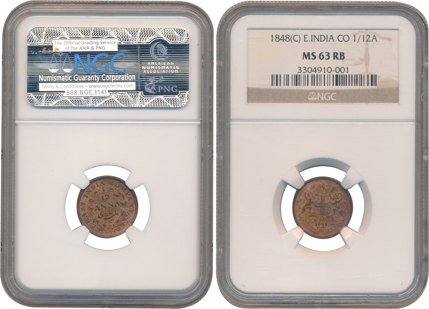 Copper 1/12 Anna, 1848, Calcutta Mint, Obv: Arms with supporters, Rev: Denomination divide