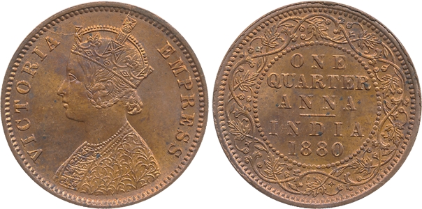 Victoria Empress, Copper 1/4 Anna, 1880, Calcutta Mint. Uncirculated, rare.