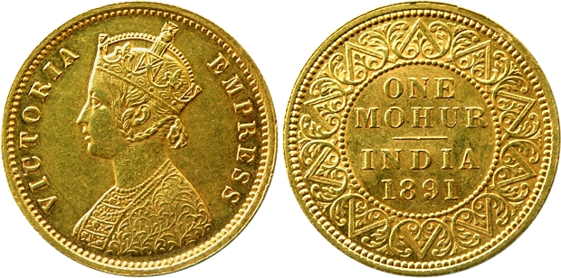 Victoria Empress, Gold Mohur, 11.67g, 1891, Two flowers in bottom panel of jabot, V in rel