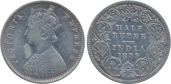 Victoria Empress, Silver 1/2 Rupee, 1899, A/I, Bombay Mint (Prid# 307). Very fine.