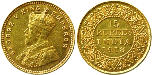 George V, Gold 15 Rupee, 7.99g, 1918, Obv: Bust to left, Rev: Value & date in English (Pri