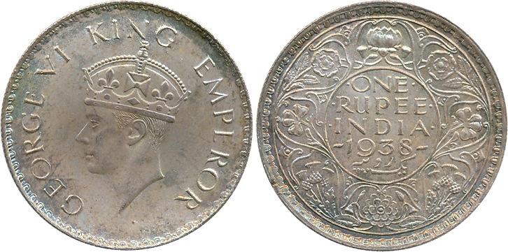 George VI, Silver Rupee, 1938, Calcutta Mint. About extremely fine, rare.