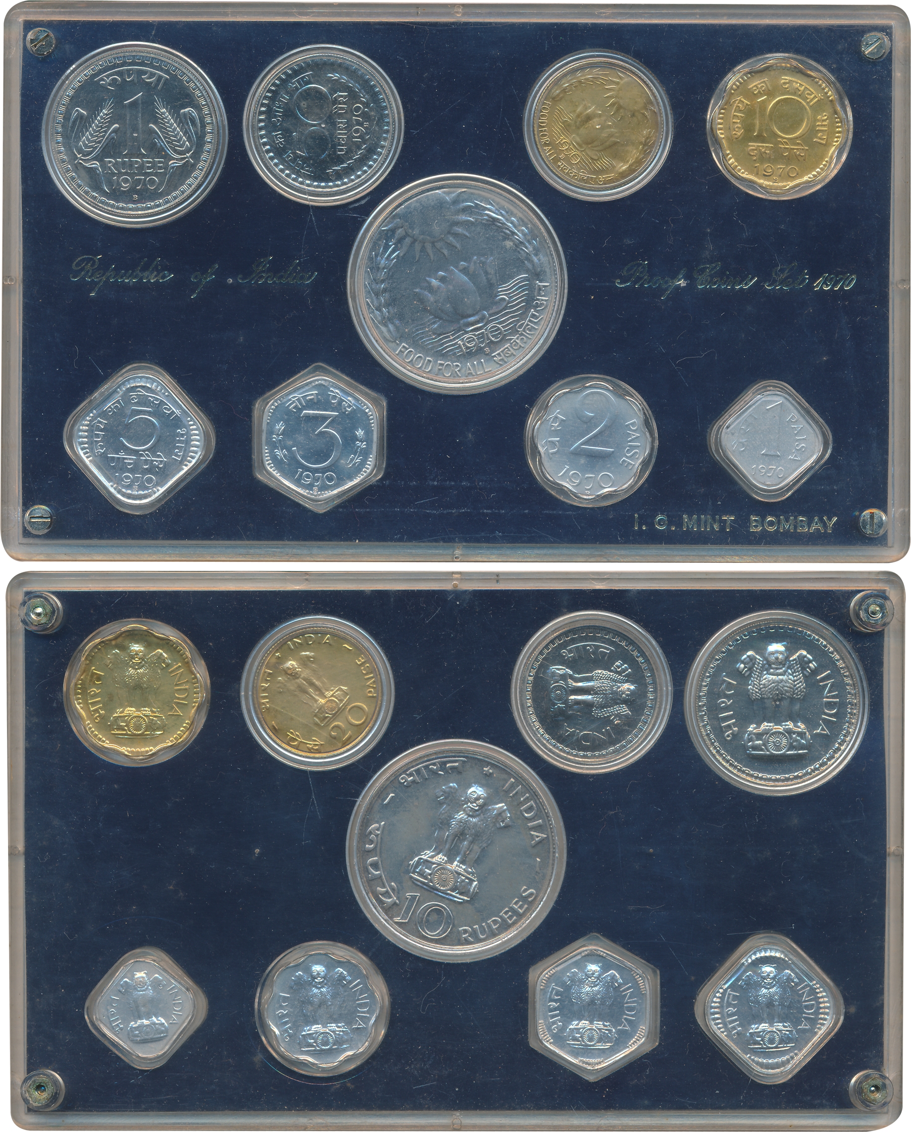 1970, Proof set of 9, “Food for All”, Bombay Mint, Rupees 10 & Paise 20 (FAO), Rupee 1, Pa