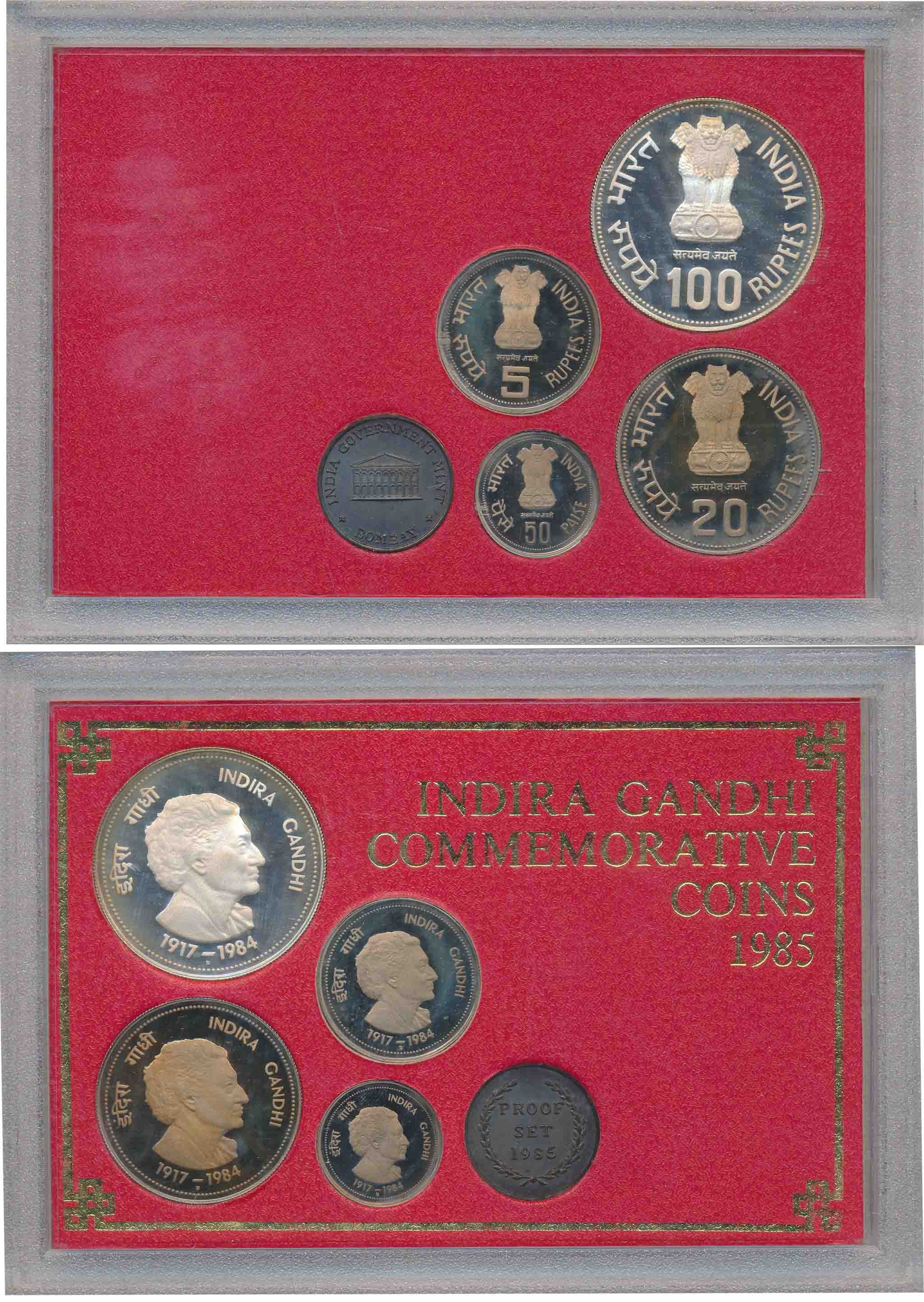 1985, Proof Set of 4, “Indira Gandhi”, Bombay Mint, Rupees 100, 20, 5 & Paisa 50, with min